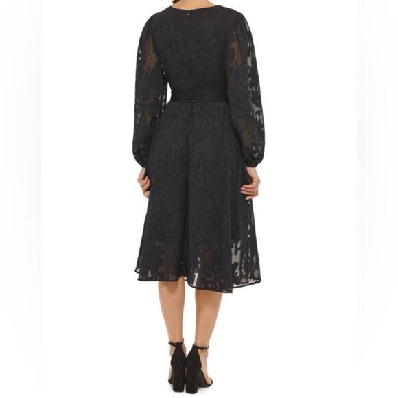 KENSIE Floral Surplice Neckline Chiffon Midi Dress Black Women's Sz 6